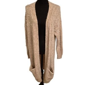 Long Duster With Pearl Accents‎ Tan Size Small
